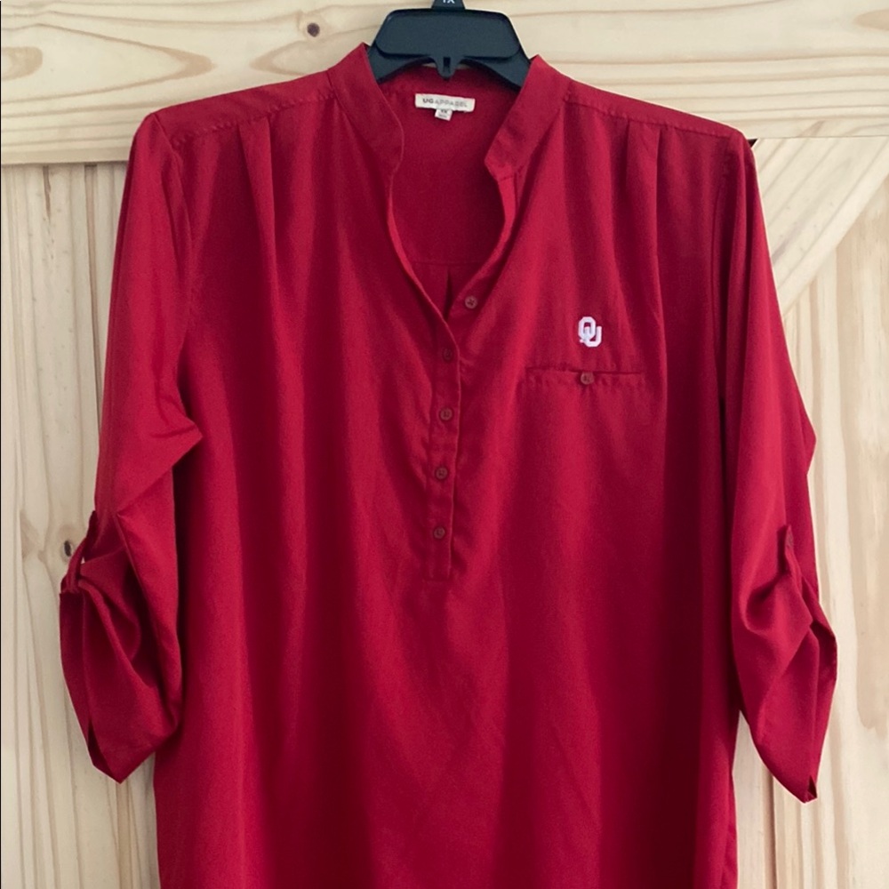 Red V-Neck Blouse with 3/4 Sleeves. Boomer Sooner